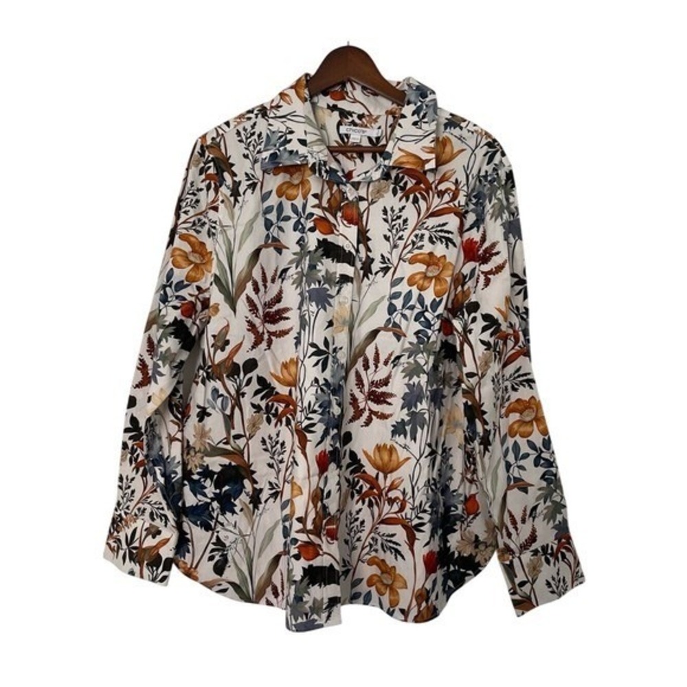 Chico's Size 3 US 16 Botanical Floral Button Down Shirt Blouse Fall Cottagecore